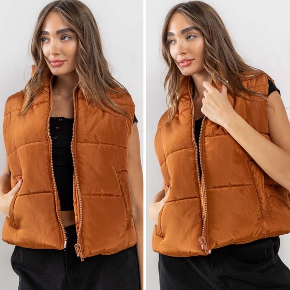 🆕Oversized zip up puffer vest in camel - Picture 3 of 7